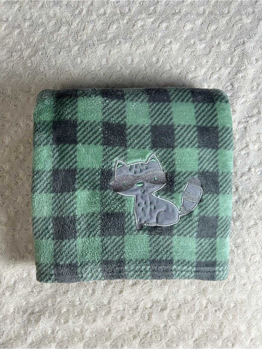 Duck Duck Goose Raccoon Baby Blanket Green Gray Plaid Soft Plush Lovey